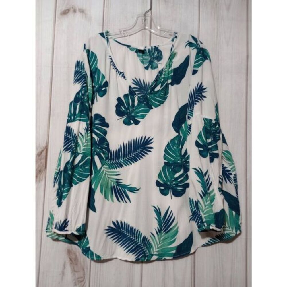 Old Navy Shirt Ladies 2xl White Green Tropical Semi Sheer